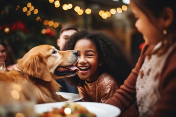 A girl and her dog are sitting at a dinner table. This image can be used to depict a cozy family meal or to showcase the bond between a child and their pet