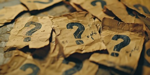 A pile of brown paper with question marks on it. Suitable for illustrating uncertainty, confusion, or the need for answers. Can be used in educational materials, presentations, or marketing campaigns