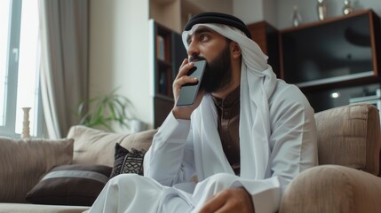 A man is sitting on a couch and talking on a cell phone. This image can be used to depict communication, technology, or casual conversation