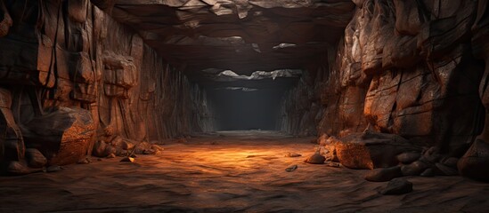 Old copper malachite mine underground tunnel with green dirt. Creative Banner. Copyspace image