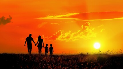 happy family on the sunset. silhouette concept