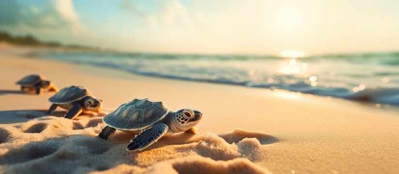 Newly hatched baby turtles crawl to the surf Shallow depth of field. Creative Banner. Copyspace image