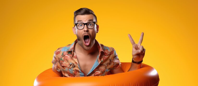 Young surprised tourist man in beach shirt hat hold inflatable ring point index finger aside on workspace isolated on plain orange background studio portrait Summer vacation sea rest sun tan co