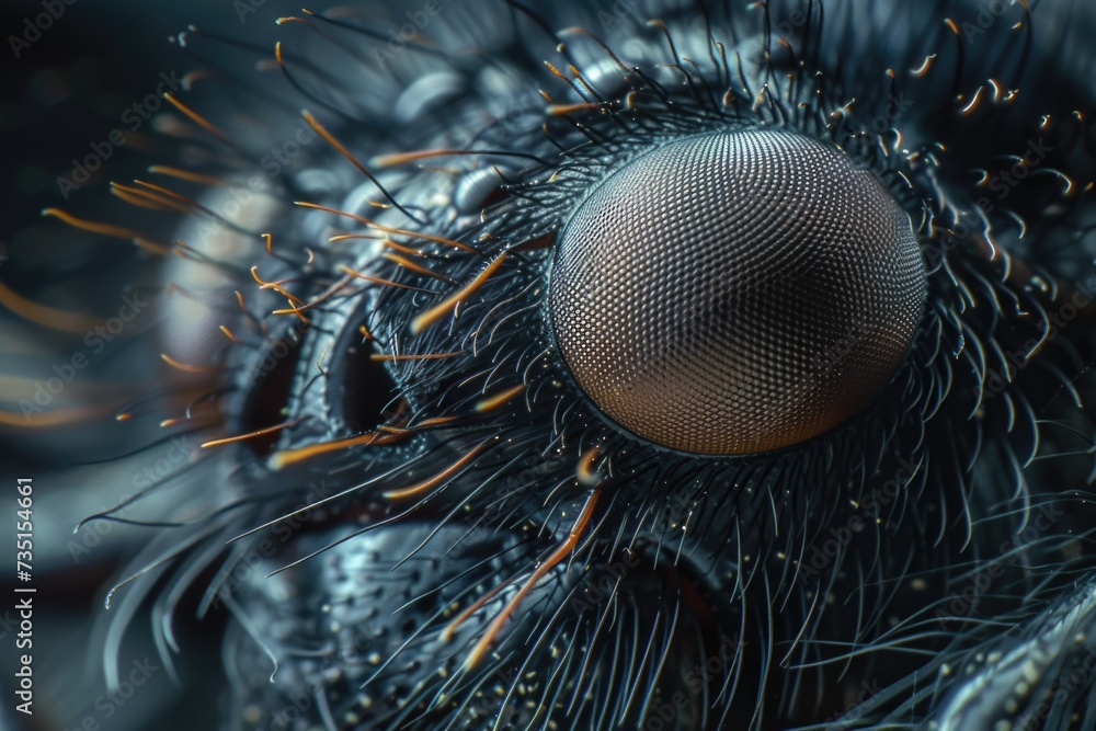 Poster a detailed close-up view of a fly's compound eye. this image can be used to illustrate insect anatom