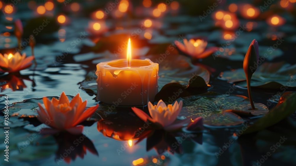 Poster a lit candle floating in a serene pond surrounded by water lilies. perfect for adding a peaceful amb