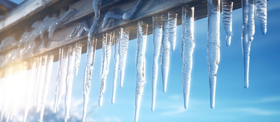 Sharp icicles and melted snow hanging from eaves of roof Beautiful transparent icicles slowly gliding of a roof. Creative Banner. Copyspace image