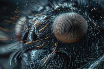 A detailed close-up view of a fly's compound eye. This image can be used to illustrate insect anatomy or as a background for scientific presentations - Powered by Adobe