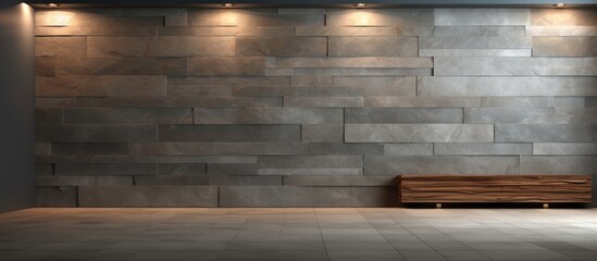 modern studio interior with decorative stone walls in grey stone wood tiles and led lighting in the design of the room. Creative Banner. Copyspace image - obrazy, fototapety, plakaty