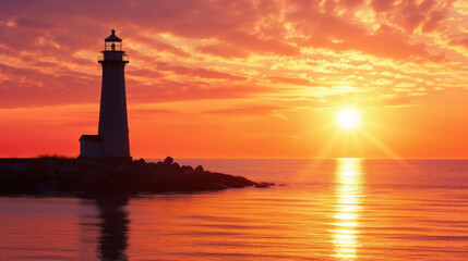The silhouette of a lighthouse stands strong against the rosy hues of a sunset.