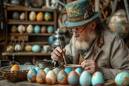 Old artist man painting easter eggs in his vintage and steampunk styled workshop