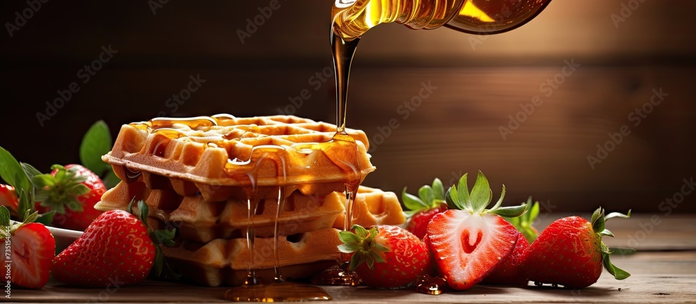 Poster preparation of delicious and nutritious waffles with honey strawberries and orange juice. creative b