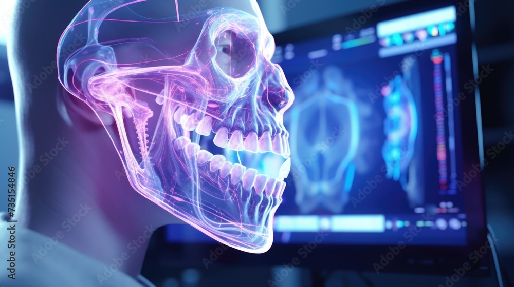 Fototapete a man's head is shown with a computer screen. this image can be used to represent technology, digita