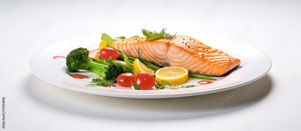 Wall mural salmon fillet with asparagus and cherry tomatoes on white plate. creative banner. copyspace image