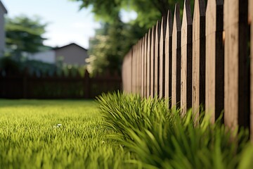 A wooden fence in the grass next to a house. Can be used to showcase home exteriors or rural landscapes