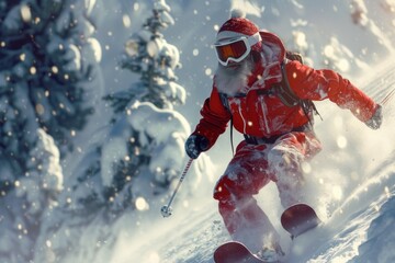 A man wearing a red jacket skiing down a hill. Suitable for winter sports and outdoor activities