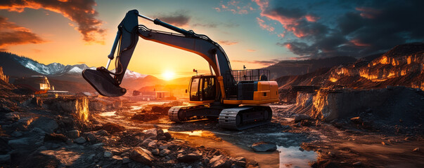 Industrial excavator on construction site against a vibrant sunset, depicting heavy machinery at work in mining operations and land development - obrazy, fototapety, plakaty