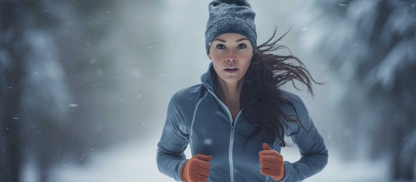 Running sport woman Female runner jogging in cold winter forest wearing warm sporty running clothing and gloves Beautiful fit Asian Caucasian female fitness model. Creative Banner. Copyspace image