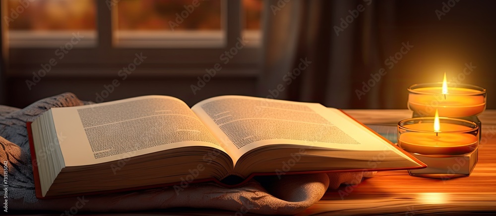 Aufkleber Open books reading glasses e reader device and lit candle on the table Cozy reading at home Selective focus. Creative Banner. Copyspace image