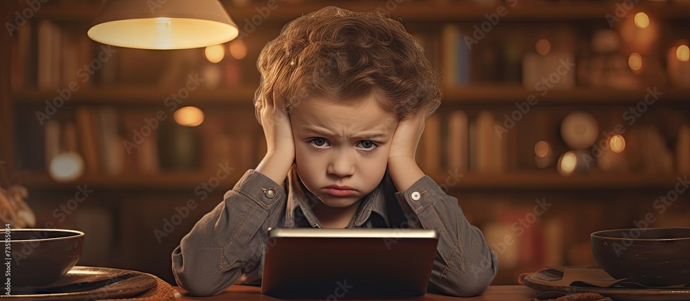Poster Sad confused child with tablet computer sitting at table with books notebooks. Creative Banner. Copyspace image