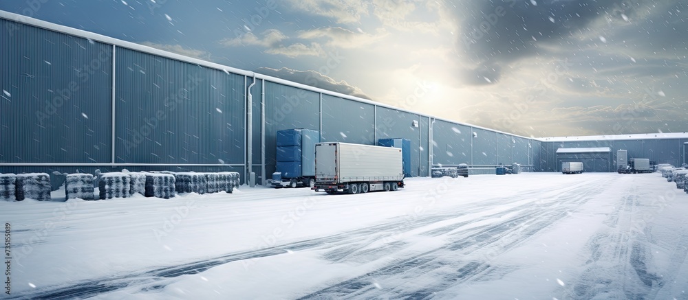 Poster the empty loading bay of a large warehouse is covered with snow in winter unfavorable weather condit