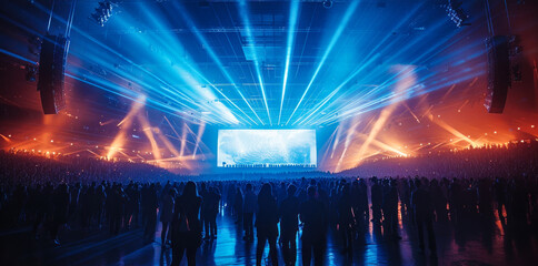 Futuristic Concert Hall with Vibrant Blue Laser Lights and Silhouettes of People Gathered for a High-Tech Performance or Corporate Event