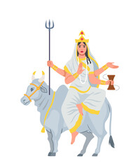 Navratri woman concept. Traditional indian goddess. Mythology and legend. Religion holiday and festival. Young girl at grey horse. Cartoon flat vector illustration isolated on white background