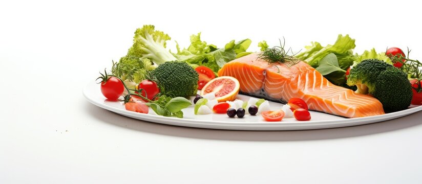 Salmon fillet with asparagus and cherry tomatoes on white plate. Creative Banner. Copyspace image