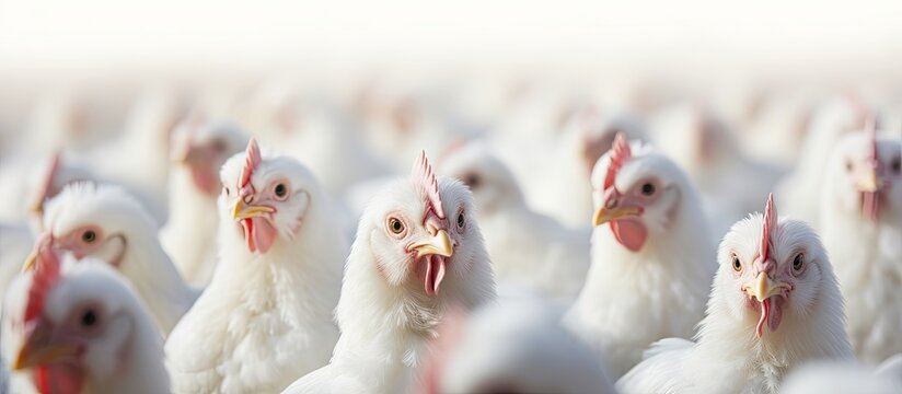 Poultry broiler farm business with group of white chickens in parent stock modern housing farm. Creative Banner. Copyspace image