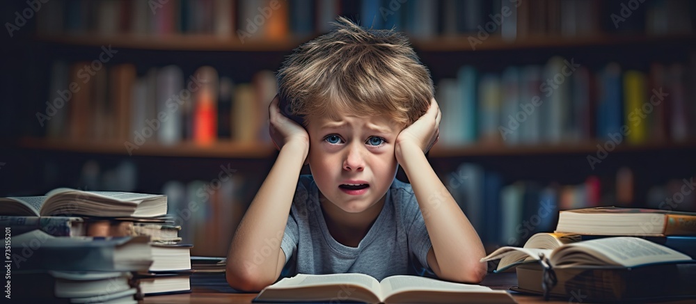 Poster Sad confused child with tablet computer sitting at table with books notebooks. Creative Banner. Copyspace image