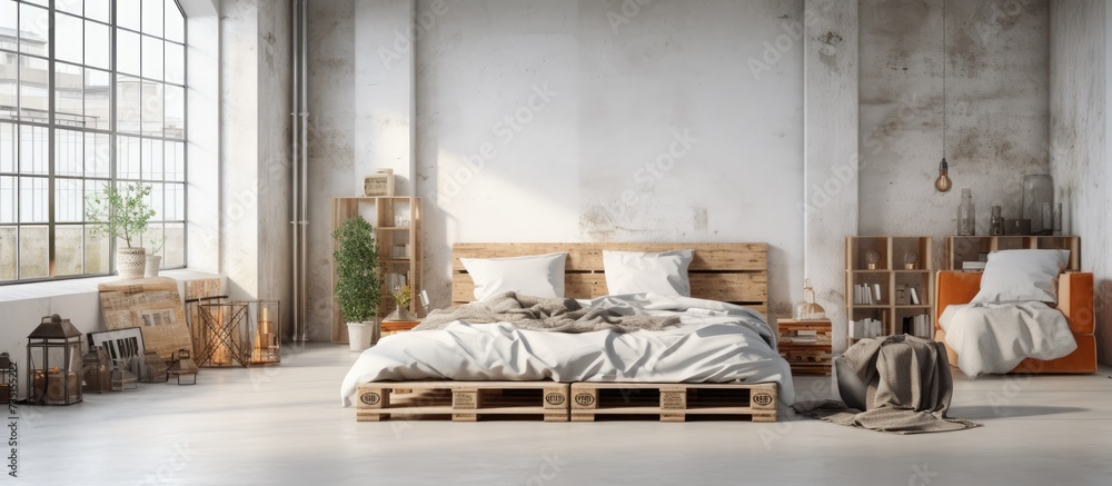 Poster modern bedroom in a loft urban apartment with pallet bed scandinavian eco design. creative banner. c