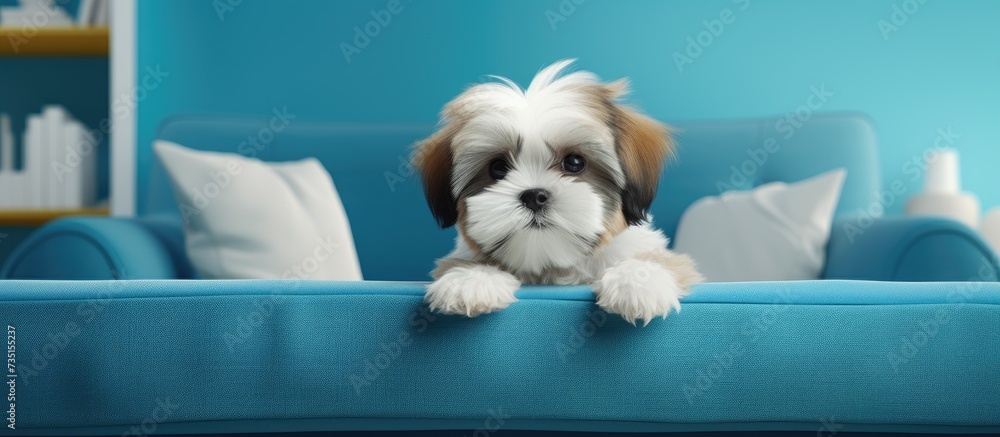 Poster shih tzu puppy lying on the blue sofa and facing the camera. creative banner. copyspace image