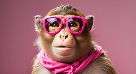 Funny monkey mascot with googles working in front of digital device - obrazy, fototapety, plakaty