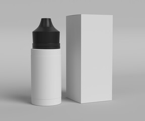 Mockup of a vape juice bottle, with a white label and black cap, next to a box.