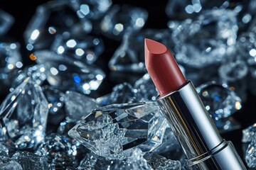  A chic lipstick surrounded by radiant crystals, symbolizing opulence. - obrazy, fototapety, plakaty