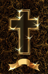 Golden Easter cross greeting card, vector illustration
