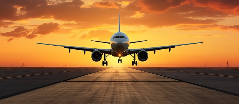Passenger plane in flight Aircraft takes off from the airport runway during the sunset Front view of aircraft. Creative Banner. Copyspace image