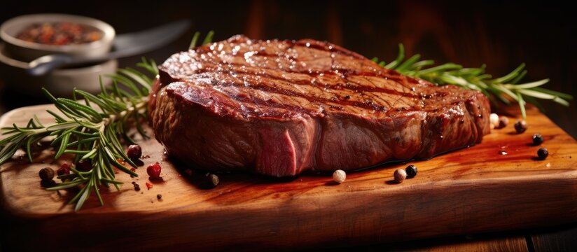 Medium Ribeye steak with spices on the wooden tray. Creative Banner. Copyspace image