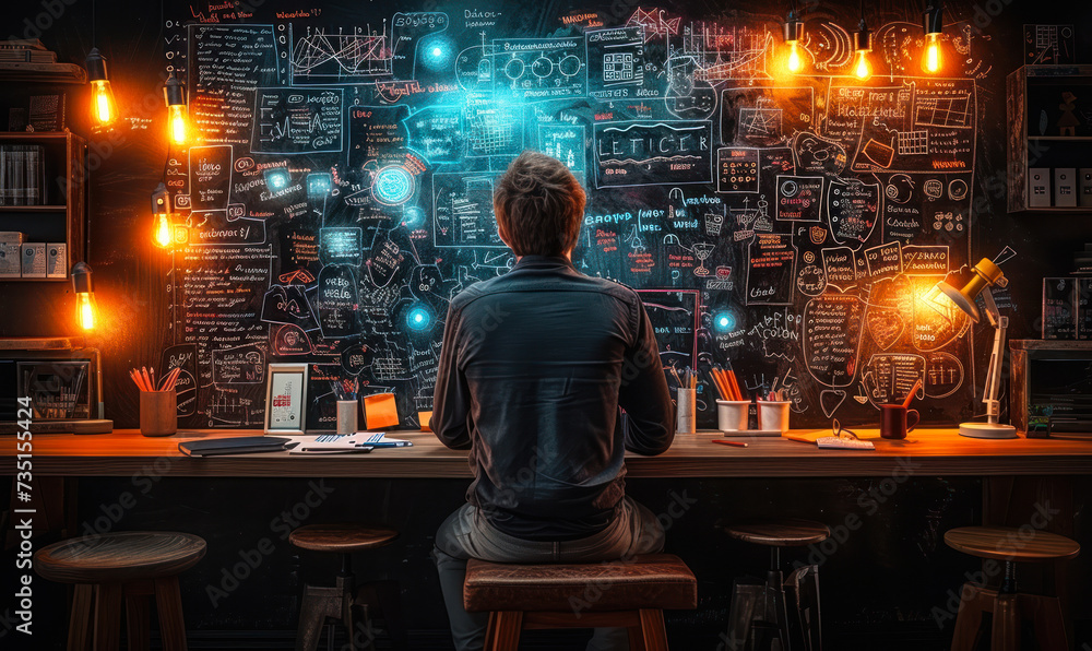 Poster focused individual brainstorming with colorful mind maps and complex formulas on a blackboard, in a 