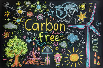 Carbon Free concept drawn by colourful chalks on black chalkboard. Environmental conservation children's drawing on chalkboard.