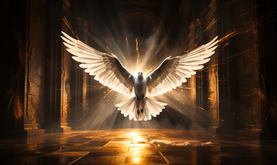 A radiant dove with outstretched wings illuminated by divine light in a dark corridor, symbolizing hope, peace, the Holy Spirit, and spiritual awakening - obrazy, fototapety, plakaty