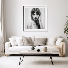 White sofa and black coffee table against white wall with art poster. Scandinavian boho home interior design of modern living room. 