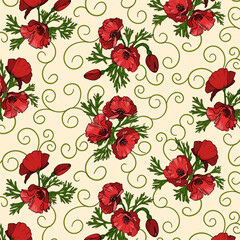 Poppy flowers with openwork decor.Vector seamless pattern with red poppy flowers and green swirls on a colored background.
