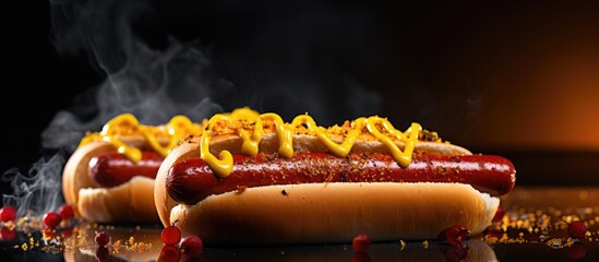Two appetizing hotdog with mustard and ketchup close up. Creative Banner. Copyspace image - obrazy, fototapety, plakaty