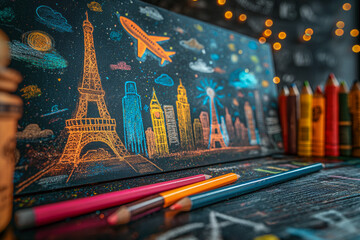 Traveling around the world. Chalks drawing styled travel banner. Flying airplane and tourist attractions drawn on the chalkboard. - obrazy, fototapety, plakaty