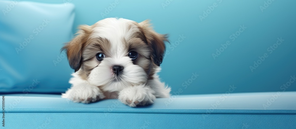 Poster shih tzu puppy lying on the blue sofa and facing the camera. creative banner. copyspace image