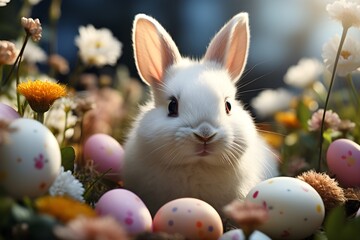 Naklejka na ściany i meble Hermoso conejo blanco rodeado de flores silvestres y huevos color rosa pastel y blanco en un dia soleado. Conejo de pascua con huevos.