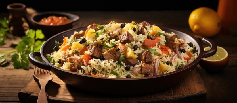 Middle Eastern food culture Turkish cuisine type of pilaf pilaf with meat and vegetables Turkish name Maklube. Creative Banner. Copyspace image