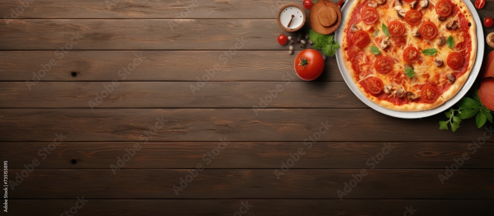 Poster top view pizza pasta with tomato sauce and salad bowl on rustic table. creative banner. copyspace im