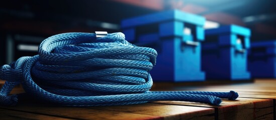 Ratchet tie down strap in blue rope holding stuff fir storage and transportation. Creative Banner. Copyspace image - obrazy, fototapety, plakaty