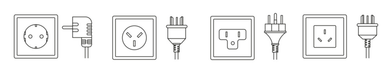 power socket plug world standards line icons vector designs